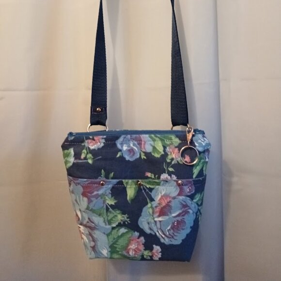 New Travel Sling Crossbody Bag Purse blue floral Roses Rose gold hardware Retro - Picture 2 of 8